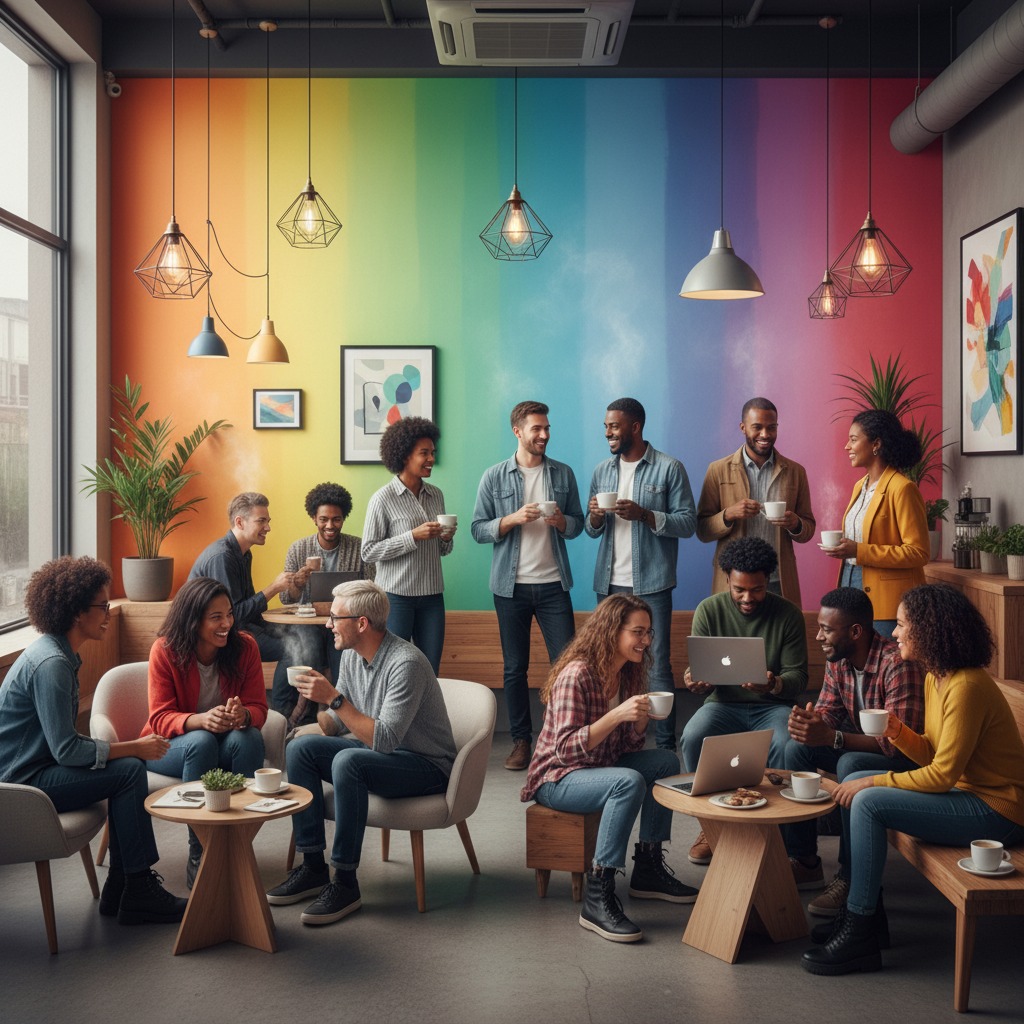 A diverse group of colleagues socialize and work together in a bright office space with a multicolored rainbow wall.